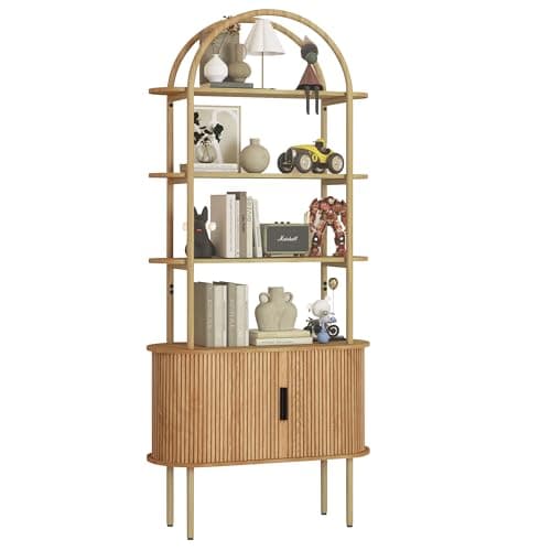 71" Tall Fluted Arched Bookshelf with Sliding Tambour Doors, Mid Century Modern Metal Curved Bookshelf Cabinet with Storage, 4-Tier Open Display Storage Shelf for Home Office, Living Room (Natural) - Image 1