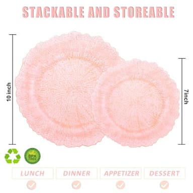 U-QE 60PCS Pink Plates for Party - Pink Plastic Plates Disposable&Reusable - Clear Pink Heavy Duty Plastic Plates for Party Including 30 Plastic Dinner Plates 10" & 30 Plastic Dessert Plates 7" - Image 2