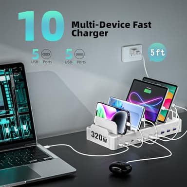 320W Charging Station for Multiple Devices, Zobirez 10-Port USB C Fast Charger Stations for MacBook, iPhone, Android Cell Phone, iPad, Tablet, Family Multi-Device Organizer Charging Dock, White - Image 5