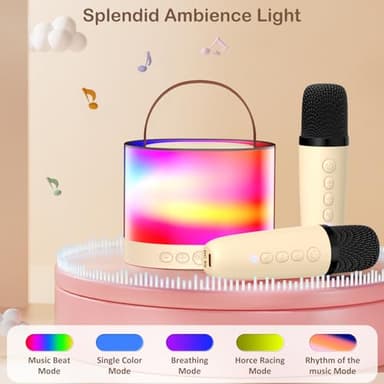 Mini Karaoke Machine for Adults Kids, Portable Bluetooth Karaoke Speaker with 3.5" Full-Range Speaker and Colorful LED Lights, Support USB/TF Card/AUX (Beige-2Mic) - Image 3