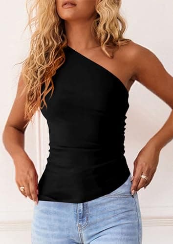 PRETTYGARDEN Womens 2025 Summer Y2K Tops Sleeveless One Shoulder Slim Fit Shirts Ruched Knit Asymmetrical Top Blouse (Black,X-Small) - Image 5