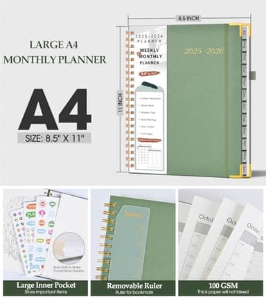 Academic Planner 2025-2026, Weekly and Monthly Calendar Planner from July 2025 - June 2026, 8.5" x 11" Hardcover Leather Hourly Appointment Book with Tabs, Spiral Daily Planners for College School Teacher Student, Green - Image 5