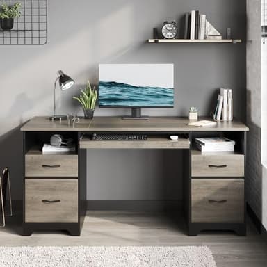 Bestier 59” Computer Desk with 4 Drawers, Office Desk with Storage, Industrial Executive Desk with File Drawer, Keyboard Tray & 2 Pedestals on Both Sides for Home Office & Studio, Grey - Image 2