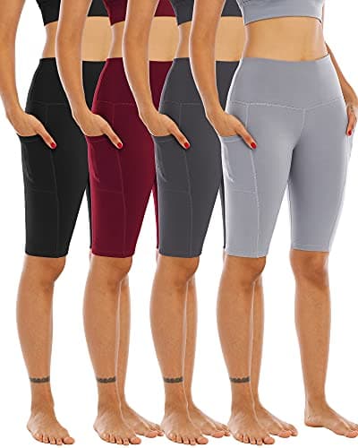 WHOUARE 4 Pack Biker Yoga Shorts with Pockets for Women,High Waisted Athletic Running Workout Gym Shorts Tummy Control,Black,Dark Gray,Light Gray,Burgundy,XXL - Image 1