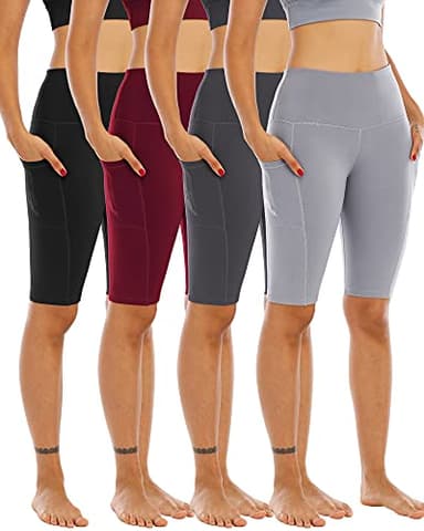 WHOUARE 4 Pack Biker Yoga Shorts with Pockets for Women,High Waisted Athletic Running Workout Gym Shorts Tummy Control,Black,Dark Gray,Light Gray,Burgundy,XXL - Image 1