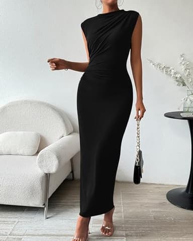 BTFBM Women's Ruched Bodycon Dress Summer Casual Sleeveless Back Slit Elegant Club Evening Party Cocktail Maxi Dresses(Black, X-Large) - Image 3
