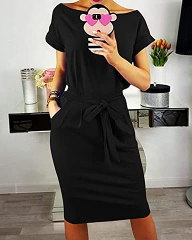 PRETTYGARDEN Women's Summer Short Sleeve Crewneck Striped Dress Basic Solid Tie Waist Office T Shirt Dresses Pockets(Black,Medium) - Image 2