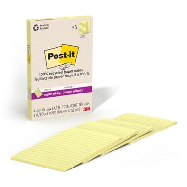 Post-it 100% Recycled Paper Super Sticky Notes, 2X The Sticking Power, 4x6 in, Lined, 4 Pads/Pack, 45 Sheets/Pad, Canary Yellow (4621R-4SSCY) - Image 1