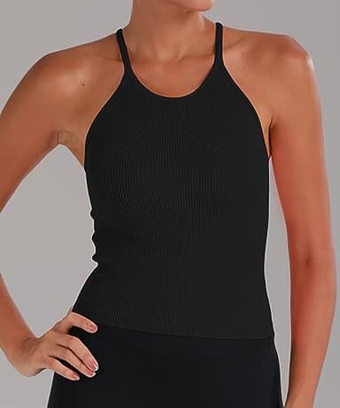 Sunzel Women's Ribbed Tank Tops, Seamless Crop Top, Long Basics Camisole Shirts with Racerback & Scoop Neck for Workout Yoga 2 Packs Black Black M - Image 6