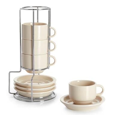 Sweese Porcelain Espresso Cups Set, 2.5 oz, Stackable with Saucers Metal Stand, Beige, 4 Pack - Image 1