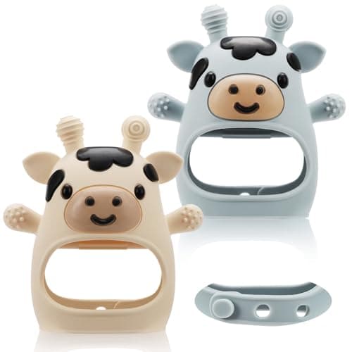 TOHIBEE 2 Packs Baby Teething Toys for 0-6 6-12 Months, Food Grade Silicone Adjustable Cow Teething Mitten, Chew Teether Toys for Teething Pain Relief, Baby and New Born Essentials, Blue & White - Image 1