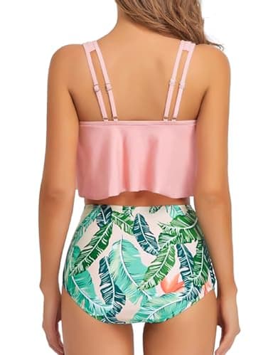 Edelqual Tankini Swimsuits for Women Plus Size Tummy Control Juniors Girls Bathing Suit Two Piece Top Modest Full Coverage High Waisted Bikini Bottom(Pink Green Leaves XL) - Image 4