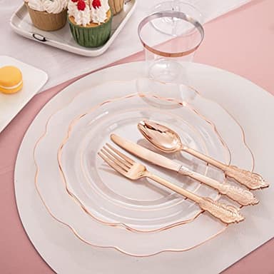 NOCCUR 350PCS Rose Gold Plastic Plates - Clear Rose Gold Disposable Dinnerware Set - Include 100 Dinner/Dessert Plates,50 Cups,50 Pre Rolled Napkins with Cutlery Set - Ideal for Party&Wedding - Image 2