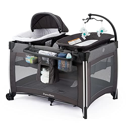 Pamo Babe 4 in 1 Portable Baby Crib Deluxe Nursery Center, Foldable Travel Playard with Bassinet, Mattress, Changing Table for Newborn, Infant, Toddler(Grey) - Image 1