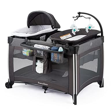Pamo Babe 4 in 1 Portable Baby Crib Deluxe Nursery Center, Foldable Travel Playard with Bassinet, Mattress, Changing Table for Newborn, Infant, Toddler(Grey) - Image 1