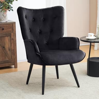 Furniliving Velvet Accent Chair for Living Room, Upholstered Reading Chair with High Backrest, Tufted-Button Wingback Armchair for Bedroom, Dressing Room, Home Office, Black, Set of 2 - Image 8