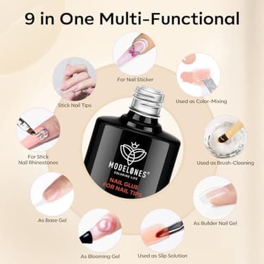 modelones 9 in One Gel Nail Glue Brush On Nail Glue 15 ml for Tips, Rhinestones, Base Coat, Blooming Art Gel Kit for Press on Nails Acrylic Tips U V Lamp Needed 2Pcs - Image 2