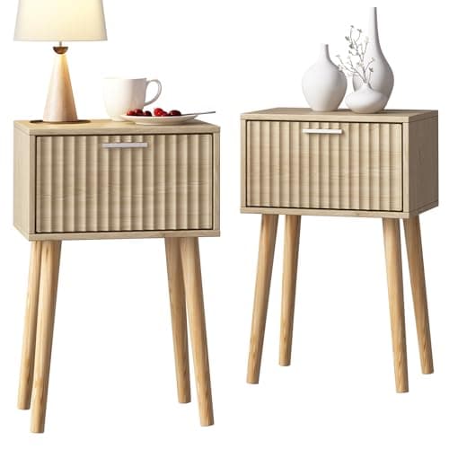 LAATOOREE Nightstands Set of 2, Small Side Table, Bedside Table with Fluted Door, Solid Wood Feet; Modern Mid-Century End Table for Bedroom, Small Space (Natural) - Image 1