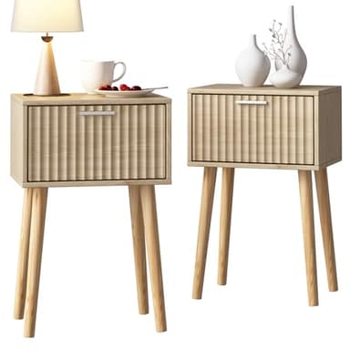 LAATOOREE Nightstands Set of 2, Small Side Table, Bedside Table with Fluted Door, Solid Wood Feet; Modern Mid-Century End Table for Bedroom, Small Space (Natural) - Image 1