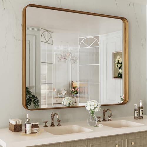 LOAAO 40X36 Inch Bathroom Mirror with Wood Grain Colored Metal Frame, Rounded Rectangle Metal Framed Bathroom Mirror, Anti-Rust, Hangs Horizontally or Vertically, Tempered Glass - Image 1