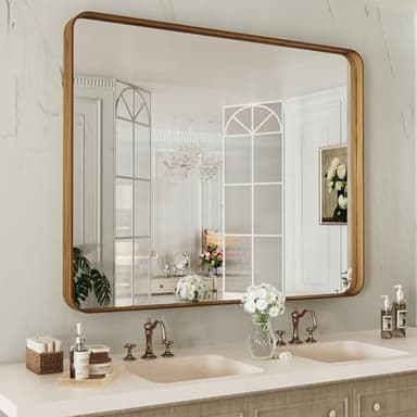LOAAO 40X36 Inch Bathroom Mirror with Wood Grain Colored Metal Frame, Rounded Rectangle Metal Framed Bathroom Mirror, Anti-Rust, Hangs Horizontally or Vertically, Tempered Glass - Image 1