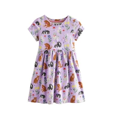 Kids Girl Short Sleeve Dress Cotton Casual Easter Floral Kitten Print Spring Summer Basic Shirt Dresses 7 Years - Image 2