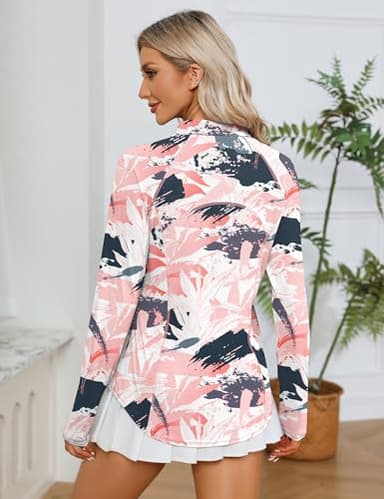 LOMON Women Long Sleeve Shirts Sun Protection 1/4 Zip Summer Quick Dry Hiking Shirts Quarter Zip Pullover Pink Leaves L - Image 4