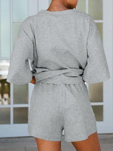 Tankaneo Womens Pajama Sets 3/4 Sleeve Oversized Tops and Elastic Waist Shorts Lounge Sets Loungewear Grey - Image 5