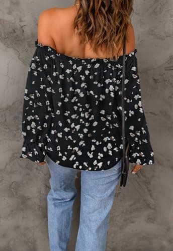 Spriolim Off Shoulder Boho Top for Women Long Sleeve Casual Shirt Ruffle Chiffon Blouses Floral Black, Large - Image 5