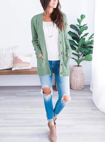 PRETTYGARDEN Women's Open Front Cardigan Sweaters Fall Fashion Button Down Cable Knit Chunky Winter Clothing Outerwear Coats (Green,Medium) - Image 6