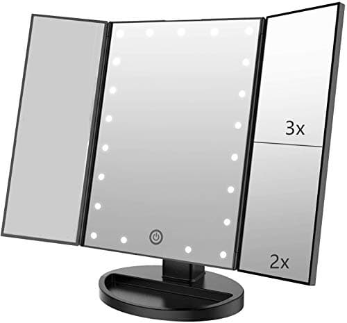 Flymiro Tri-fold Lighted Vanity Makeup Mirror with 3x/2x Magnification,21 LEDs Light and Touch Screen,180 Degree Free Rotation Countertop Cosmetic Mirror,Travel (Black) - Image 1