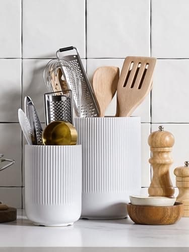 LE TAUCI Utensil Holder, 7.3"+5.4" Ceramic Kitchen Utensil Holder for Countertop, Large Cooking Utensil Crocks for Kitchen Counter Decor, Morden Utensil Organizer for Spatula, Set of 2, White - Image 3