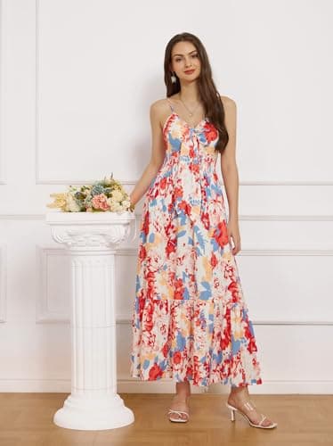 GRACE KARIN Women 2025 Summer Spaghetti Strap Dress Sleeveless V Neck Tie Front Casual Beach Party Maxi Dresses - Image 4