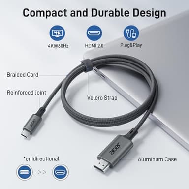 Acer USB C to HDMI Cable for Home Office 3.3FT (4K@60Hz), High-Speed Type C to HDMI 2.0 Braided Cord, Thunderbolt 4/3 Compatible with MacBook, iPhone 16/15 Pro/Max, iMac, iPad Pro, Galaxy S24, Surface - Image 4