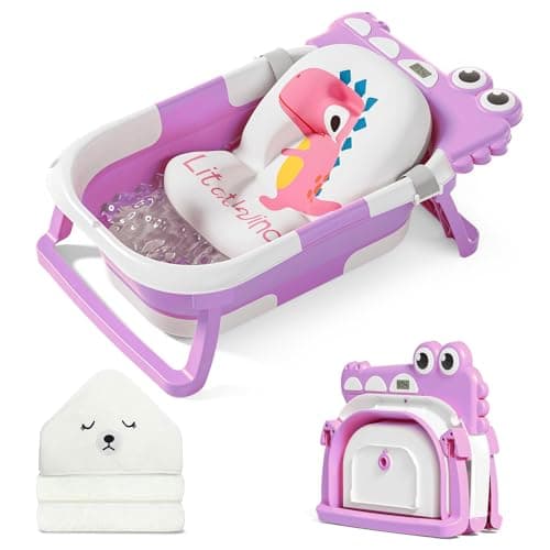 MoreFeel Collapsible Baby Bathtub for Newborn with Thermometer & 1 Hooded Towel & 1 Soft Floating Cushion,Portable Travel Bathtub with Drain Hole, Durable Foldable Baby Tubs for Infants to Toddler - Image 1