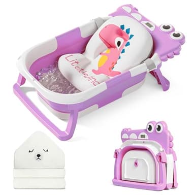 MoreFeel Collapsible Baby Bathtub for Newborn with Thermometer & 1 Hooded Towel & 1 Soft Floating Cushion,Portable Travel Bathtub with Drain Hole, Durable Foldable Baby Tubs for Infants to Toddler - Image 1
