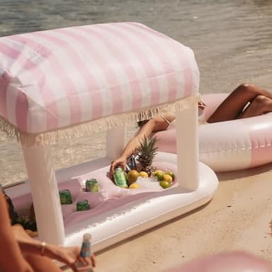 FUNBOY Giant Floating Pink Cabana Stripe Drink Station, Removable Fabric Shade with Fringe, Perfect for Parties, Table-Top Decorations and in-Pool Refreshments. - Image 5