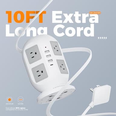 Tower Power Strip Surge Protector 10 Ft, TESSAN Flat Plug Extension Cord with Multiple Outlets, 8 AC Outlets, 4 USB Ports, 1 Built-in USB Cable, Desk Charging Station for Home Dorm Office - Image 7