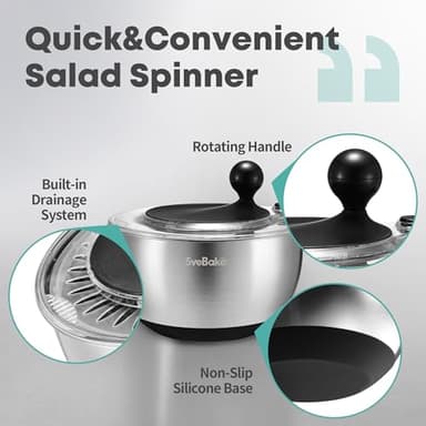 SveBake 5.3Qt Stainless Steel Salad Spinner with Stop Button, BPA-Free Vegetable Lettuce Spinner, Transparent Lid & Drainage Hole, Non-Slip Base, Dishwasher Safe Fruit Washer - Image 2