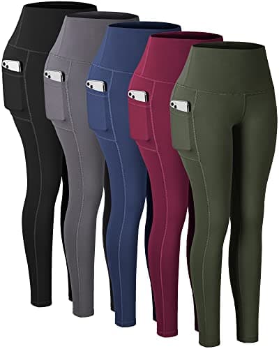 CHRLEISURE Leggings with Pockets for Women, High Waisted Tummy Control Workout Yoga Pants(5 Packs Black,Gray,Navy,Wine,JLGreen, S) - Image 1