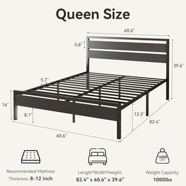 BedsPick 16 Inch Queen Bed Frame Sturdy Metal Bed Frame Queen Size with Wooden Headboard and Footboard, Noiseless/12.5" Under Bed Space/Durable Support//No Box Spring Needed/Anti-Slip, Black Oak - Image 2