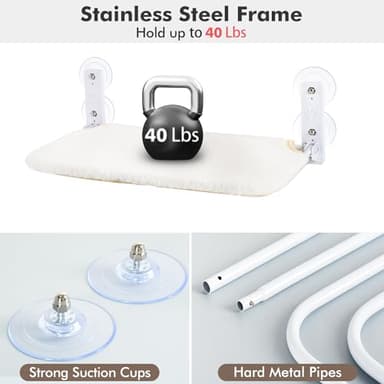 AMOSIJOY Cordless Cat Window Perch, Cat Hammock for Wall with 4 Strong Suction Cups, Solid Metal Frame and Reversible Cover, Foldable Cat Beds for Indoor Cats (Medium-White) - Image 6