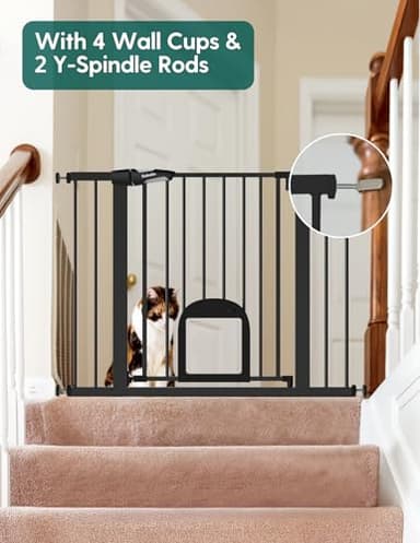 Babelio Upgraded Baby Gate with Cat Door, 29-43" Auto Close Durable Dog Gate for Stairs, Doorways and House, Easy Walk Thru Safety Gate with Pet Door Includes 4 Wall Cups, Black - Image 4