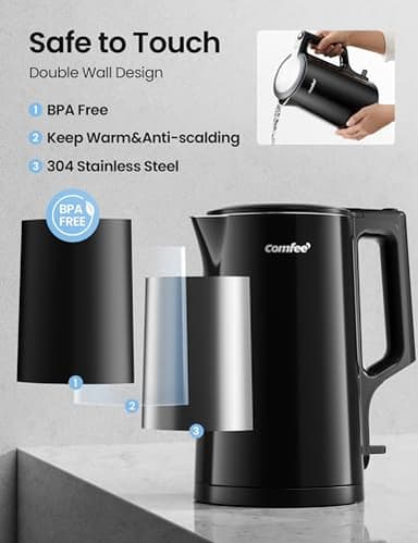 COMFEE' 1.7L Double Wall Electric Tea Kettle and Kettle Water Boiler, 100% Stainless Steel Interior & Lid & Spout, Two-Level Wide Open Lid, 1500W Fast Boiling, Auto-Off and Boil-Dry Protection - Image 3