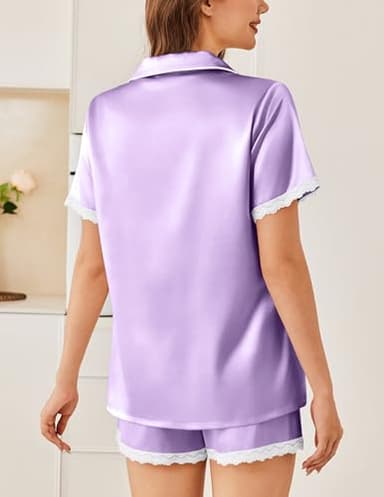 Ekouaer Pajamas for Women V Neck Satin Pajama Set Short Sleeve Pjs Set Silk Shorts Lounge Sets,Large Purple - Image 4