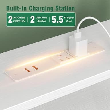 Korfile Computer Gaming Desk with Hutch, Home Office Desk with Power Outlets, LED Light, 5 Storage Drawers, 2 Tiers Shelves for Display, 47 Inch Modern Study Writing Table for Bedroom, White - Image 4