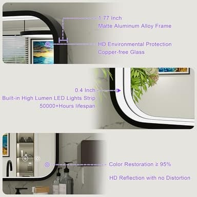 JSneijder LED Mirror for Bathroom 24x36 Inch Black - 3 Color Lights (3000K/4500K/6000K), Stepless Dimmable, Anti-Fog, Memory Function, Wall Mounted Lighted Bathroom Vanity Mirror, Horizontal/Vertical - Image 3