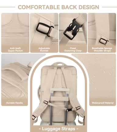 AREYTECO 55L Carry On Backpack for Women, Large Travel Laptop Backpack, Expandable Big Capacity Business Luggage Suitcase Daypack Knapsack Big Bag Fits 18 Inch Laptop, Travel Gifts for Women, Beige - Image 4