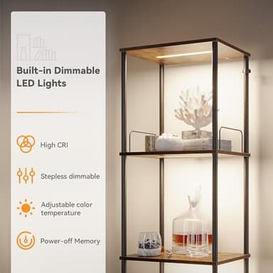 SUNMORY Display Shelf with Dimmable Lights, Lighted Display Cases for Collectibles, Adjustable Color Temperature and Brightness, Display Cabinet, Floor Lamp with Shelves, Home Decor, Rustic Brown - Image 4
