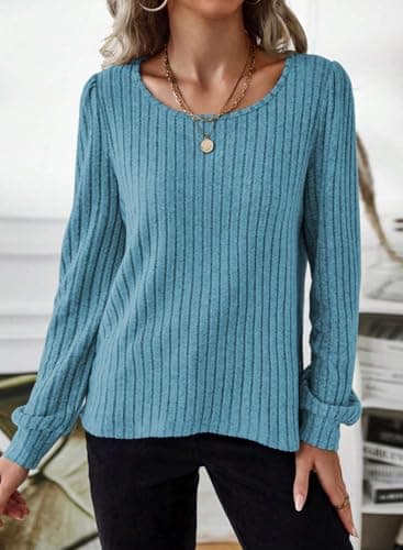 Samefar Womens Tops Dressy Casual Round Neck Long Sleeve Shirts for Women Ribbed Fall Blouses Work Knitted Tunic Clothes Blue Medium - Image 5